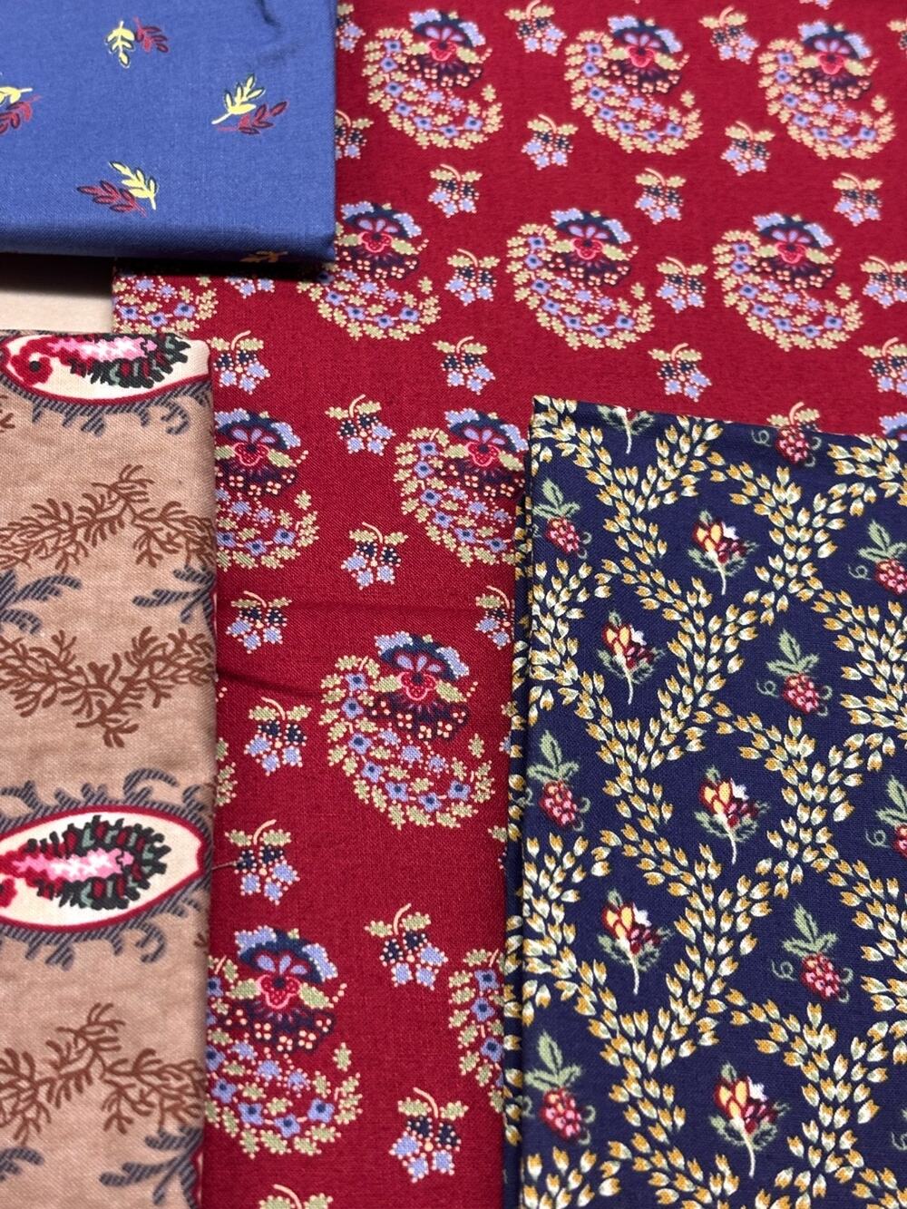 Quilting Cotton Fabric Lot 4 Reproduction Calico Paisley Burgundy Navy Tan Blue